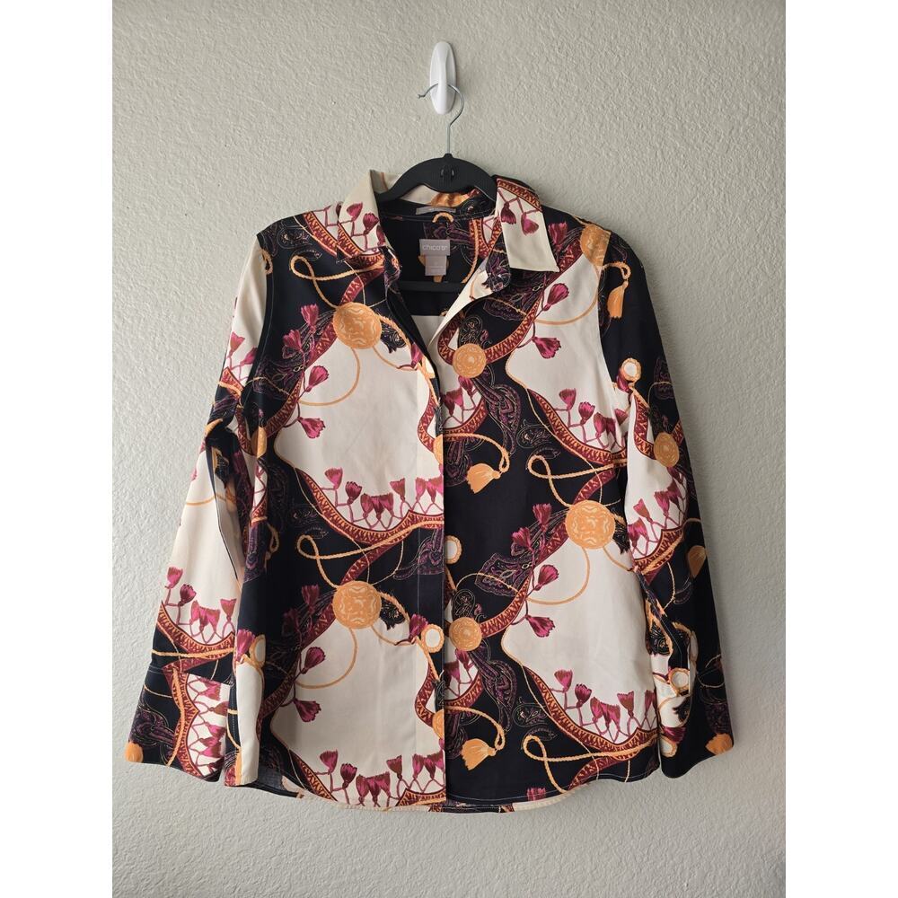 Chico's no iron button-up blouse geometric print 100% Cotton US 4/6